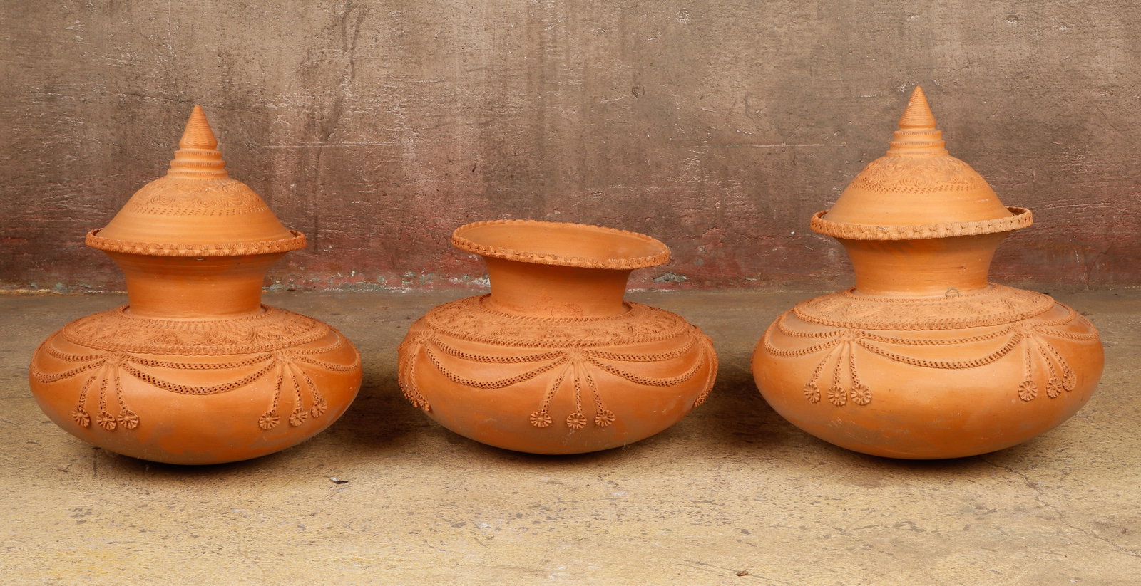 3 Large Thai Terracotta Covered Water Jars (1 of 9)