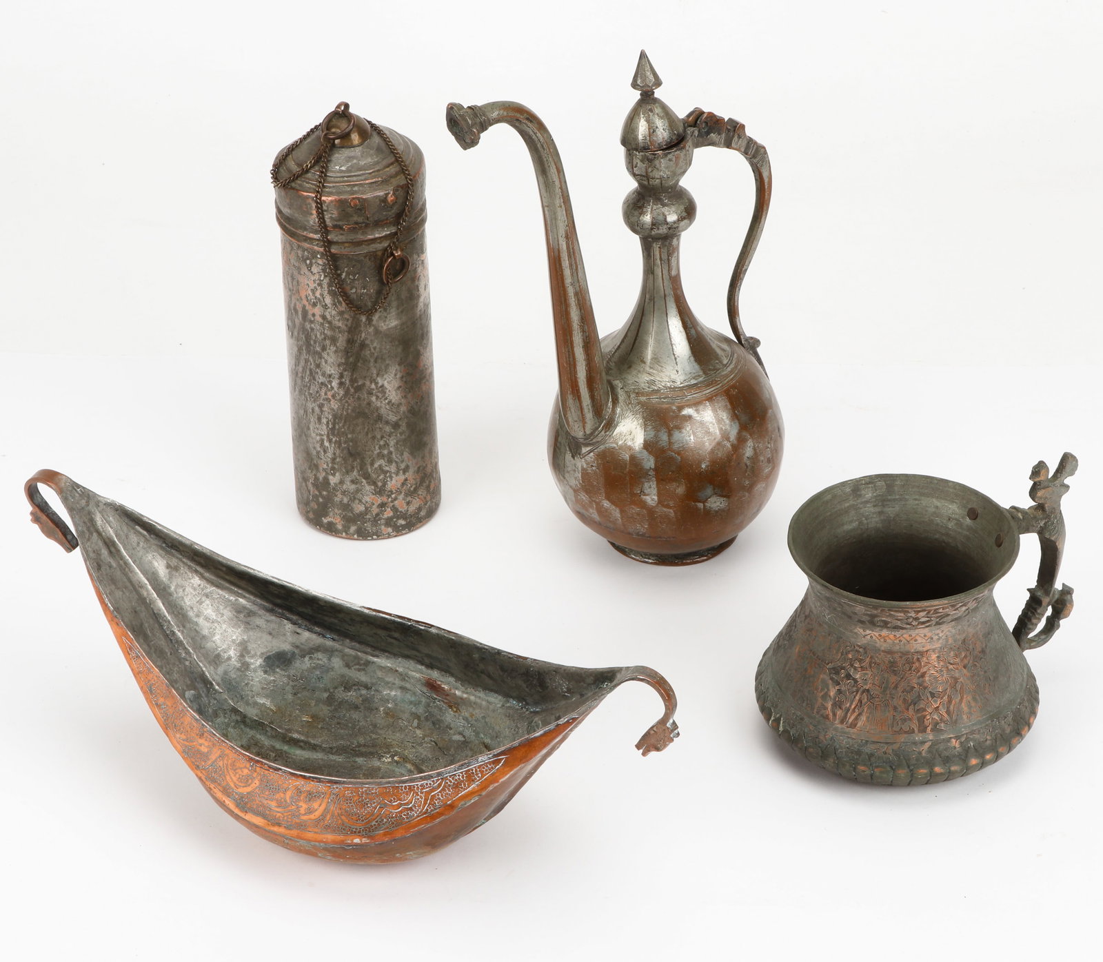 Collector's Lot of 4 Indian and Persian Antique Metal Vessels: Collector's Lot of 4 Indian and Persian Antique Metal Vessels. Tin and copper. Including an Indian boat-shaped kashkul, covered cylindrical container, Persian aftaba ewer, and engraved pitcher with bi