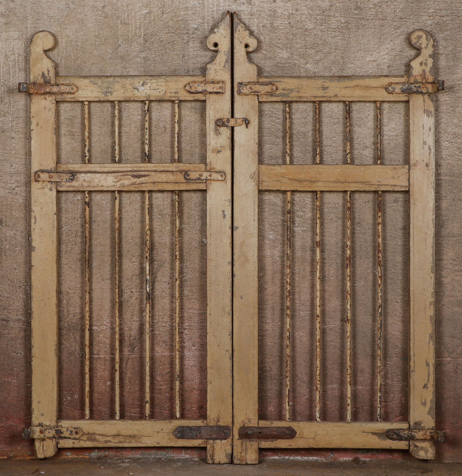 Antique Indian Painted Teak Wood and Iron Gate: Antique Indian Painted Teak Wood and Iron Gate. Distressed, remnants of old paint. Size: 43.5'' x 38'' (110 x 97 cm).