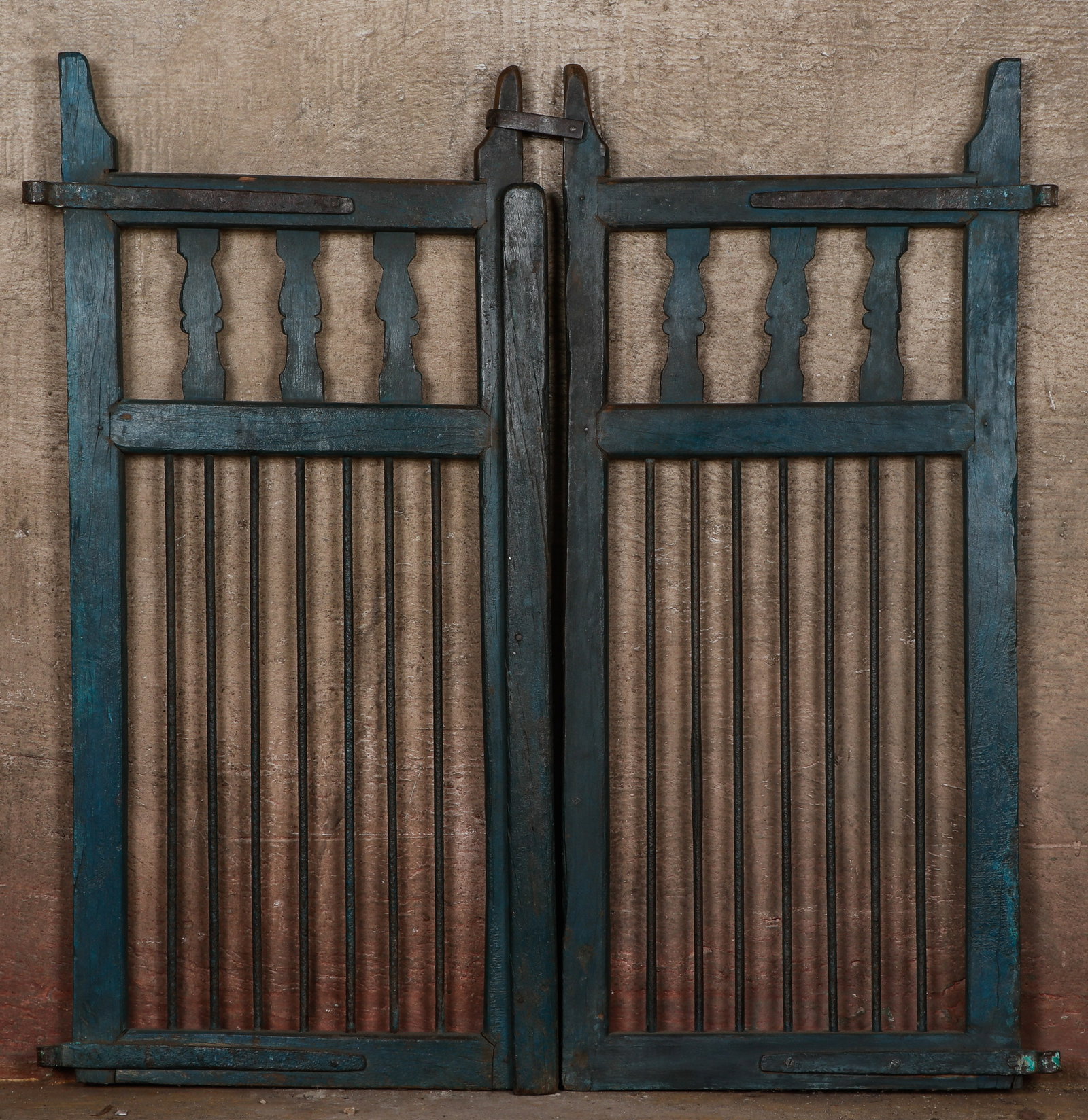 Antique Indian Painted Teak Wood and Iron Gate: Antique Indian Painted Teak Wood and Iron Gate. Distressed, remnants of old paint. Size: 41'' x 38'' (104 x 97 cm).