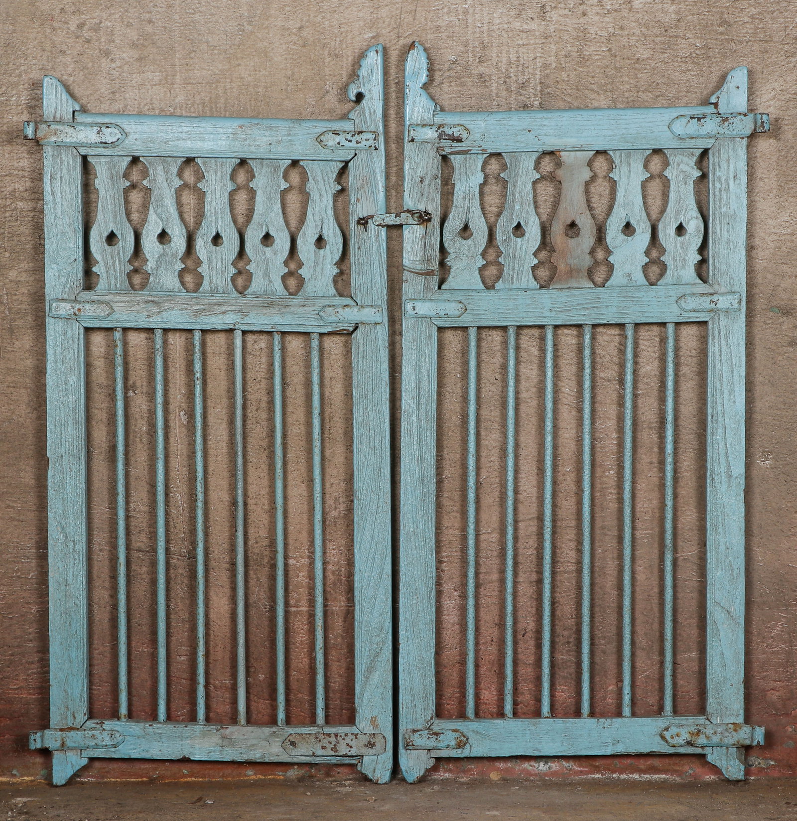 Antique Indian Painted Teak Wood and Iron Gate: Antique Indian Painted Teak Wood and Iron Gate. Distressed, remnants of old paint. Size: 42'' x 40'' (107 x 102 cm).