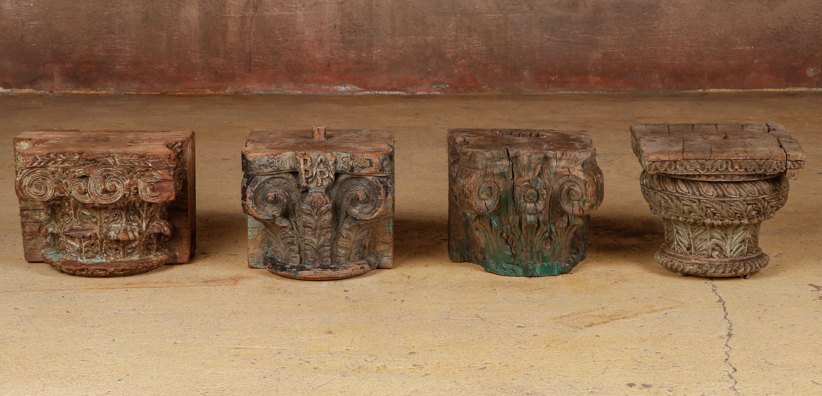 4 Antique Indian Carved Wood Column Capitals and Bases (1 of 9)