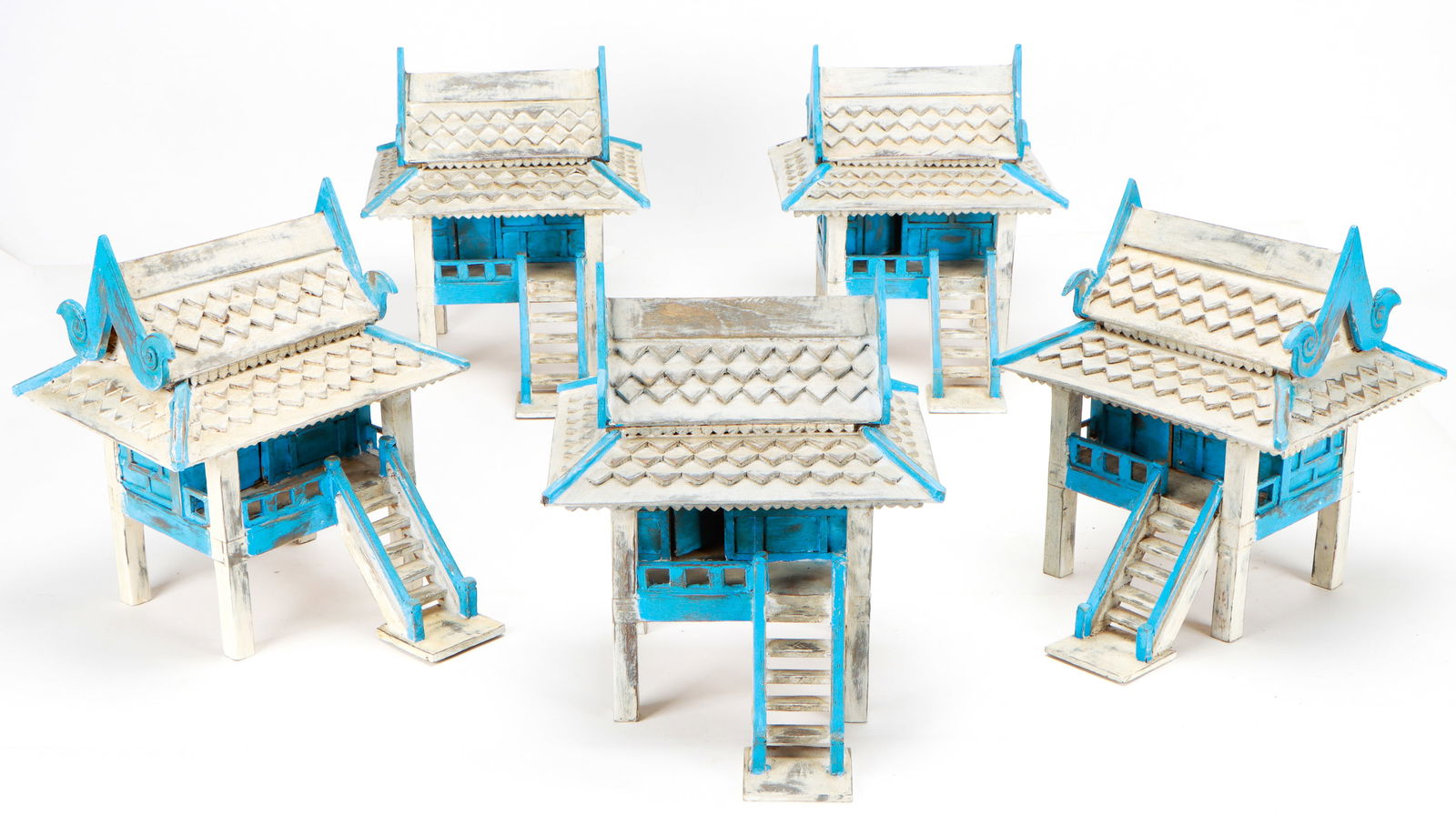 5 Vintage Spirit Houses, Thailand, Late 20th C.: 5 Vintage Spirit Houses, Thailand, Late 20th C. Wood and paint. Size: 14'' x 12'' x 14'' (36 x 30 x 36 cm).