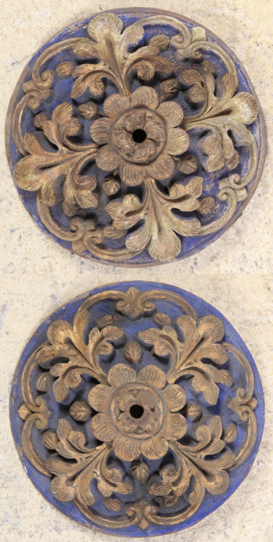 Two 19th C. French Carved Architectural Ornaments: Two 19th C. French Carved Architectural Ornaments, carved wood relief, lapis and gold paint. Dimensions: approx. 3-1/2 x 12 (diameter) inches (each).