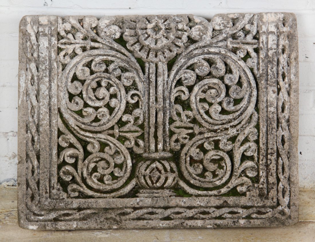 Mughal Carved Stone Relief (1526-1757): Mughal Carved Stone Relief (1526-1757), floriate carved in deep relief. Size: 41 x 28-1/2 x 5 inches.