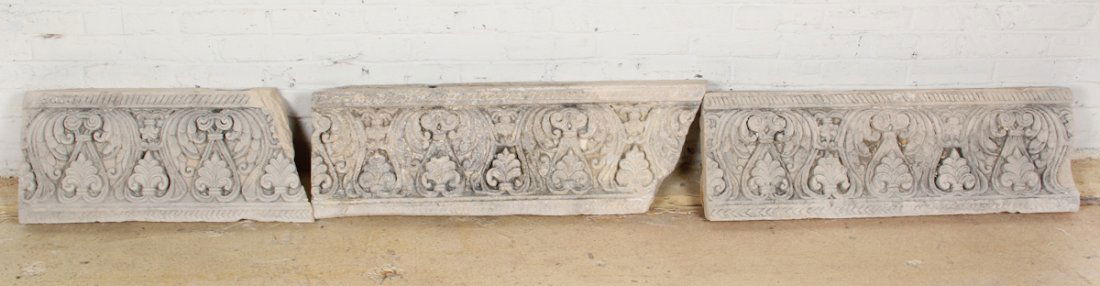 Mughal Carved Stone Frieze (1526-1757): Mughal Carved Stone Frieze (1526-1757), northern India, 3 sections. Size: 12 x 99-1/4 x 4 (entire set).
