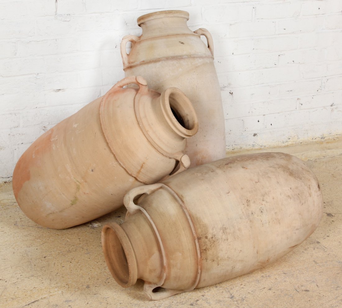 Group of 3 Antique Mediterranean Ceramic Urns: Group of 3 Antique Mediterranean Urns, round bottoms, used as props for the M Night Shyamalan movie The Last Airbender (Paramount Pictures). Ranging in Size from 26-3/4 x 15-3/4 x 14-1/2 inches to 30-