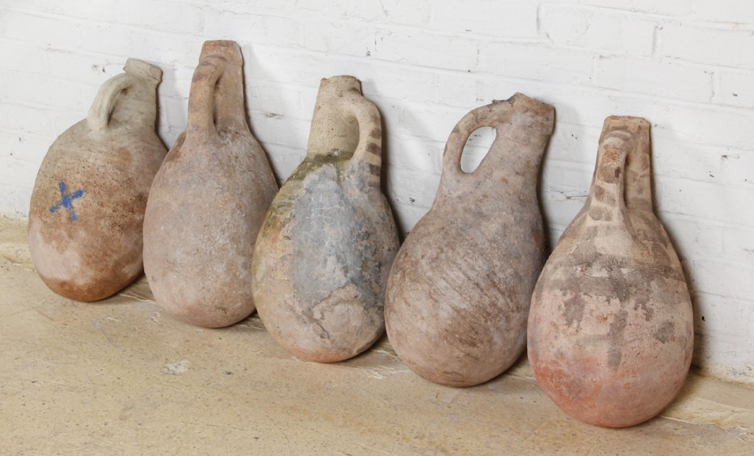 Group of 5 Antique North African Ceramic Urns: Group of 5 Antique North African Urns, round bottoms, used as props for the M. Night Shyamalan movie The Last Airbender (Paramount Pictures). Ranging in Size from 22-1/4 x 11-1/4 (diameter) to 18-1/4 