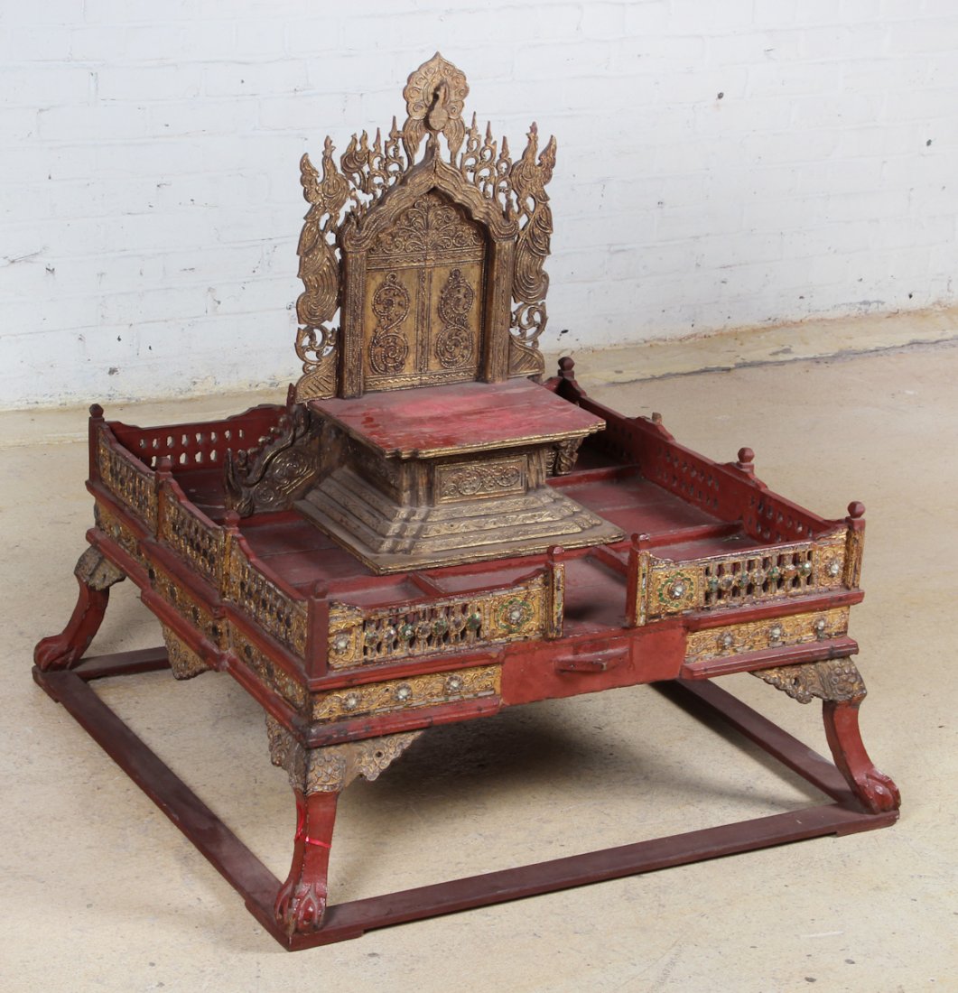 19th C Mandalay Lacquer and Gilt Buddhist Shrine: 19th C Mandalay Lacquer and Gilt Buddhist Shrine, Burma, carved wood with removable Top Portion and Large Base. Dimensions: 37.5 x 36 x 36 inches.