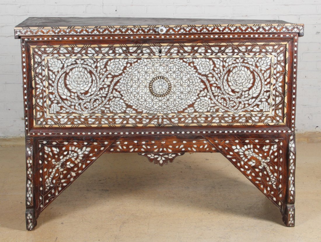 19th C Walnut and Mother of Pearl Inlay Chest: 19th C. Walnut and Mother of Pearl Inlay Chest, Syria. Dimensions: 43 x 58 x 21-1/2 inches.