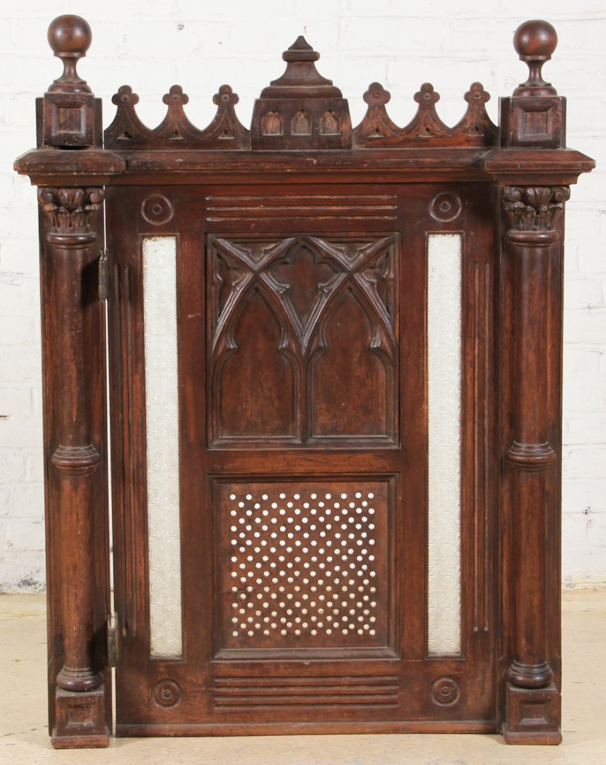 19th C. Portuguese Colonial Altar Door: 19th C. Portuguese Colonial Altar Door, Goa, with Original Glass and Metal, Carved Teak. Dimensions: 45 x 34 x 6 inches.