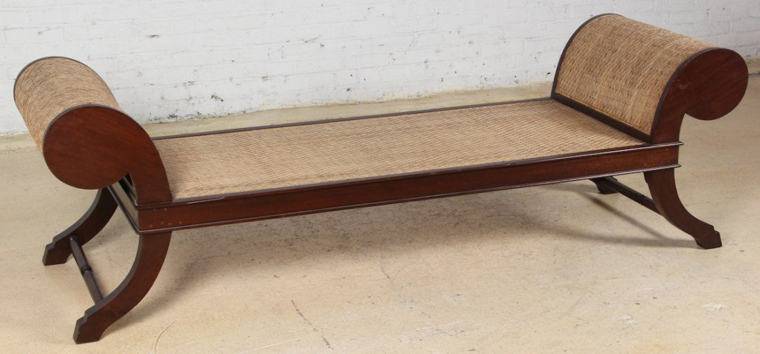 British Colonial Chaise Lounge with Curved Ends: British Colonial Chaise Lounge with Curved Ends, late 19th c, carved rosewood frame with caine surface, excellent condition. Dimensions: 26 x 84 x 26 inches.