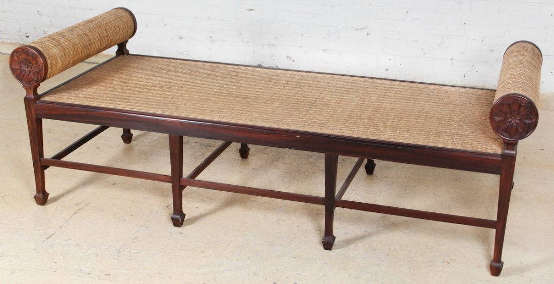 English Colonial Rosewood Chaise Lounge: English Colonial Rosewood Chaise Lounge, 19th c, framed caine with curved ends, excellent condition. Dimension: 26 x 76 x 30-1/2 inches.