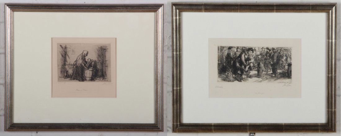 Two John Sloan Etchings: Two John Sloan Etchings: 1) "100 Proof John Sloan / Treasure Trove" written in lower margin, etching in a wood frame under glass. Dimensions: 3-1/4 x 5-1/8 inches (plate), 5-3/4 x 6-1/4 inches (sight)