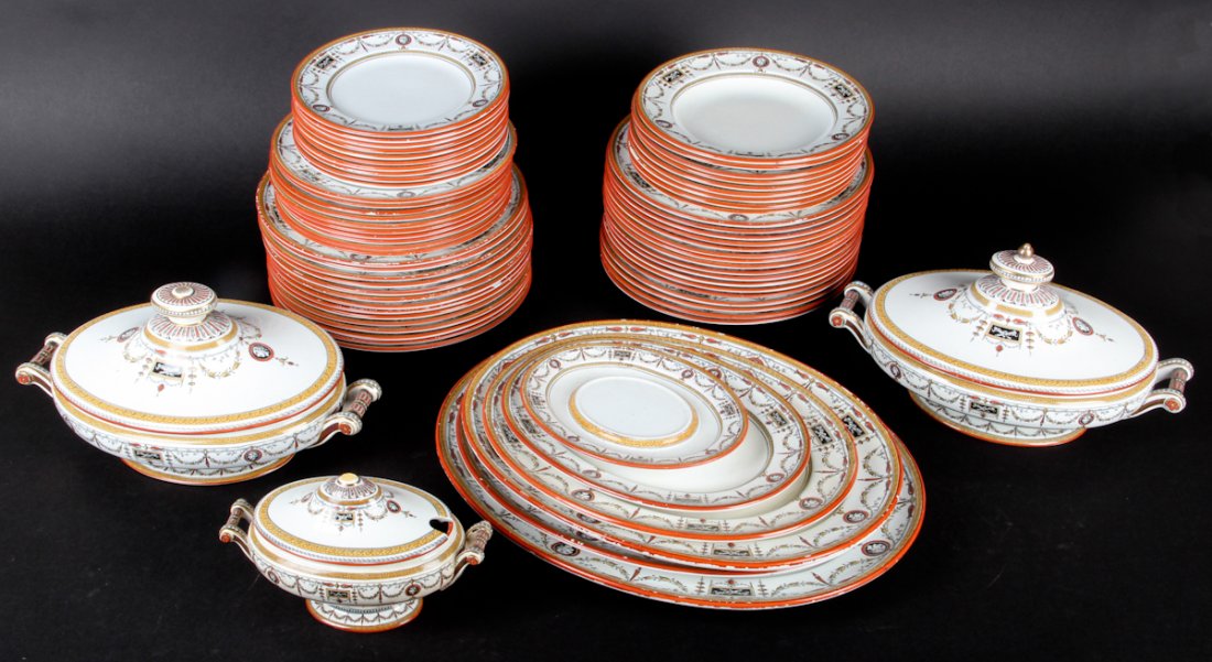 Collection of Minton Plates: Collection of Minton Plates: 2 Large Serving Dishes, 1 Small Gravy Boat, 5 Different Sizes of Serving Plates, and 5 Different Plate Sizes: 10 Small, 10 Medium, 14 Large Plates, 9 Small Deep Plates, 17