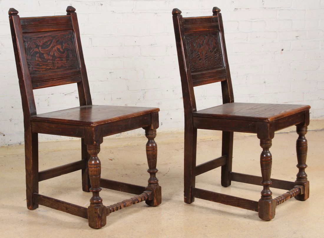 Two Antique Jacobean Carved Wood Chairs