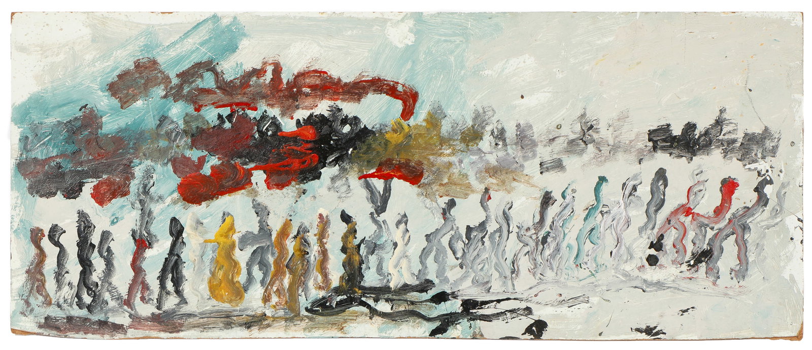 Purvis Young (American, 1943-2010) Painting: Purvis Young (American, 1943-2010) Untitled, painting on board. Size: 15'' x 36'', 38 x 91 cm (board).