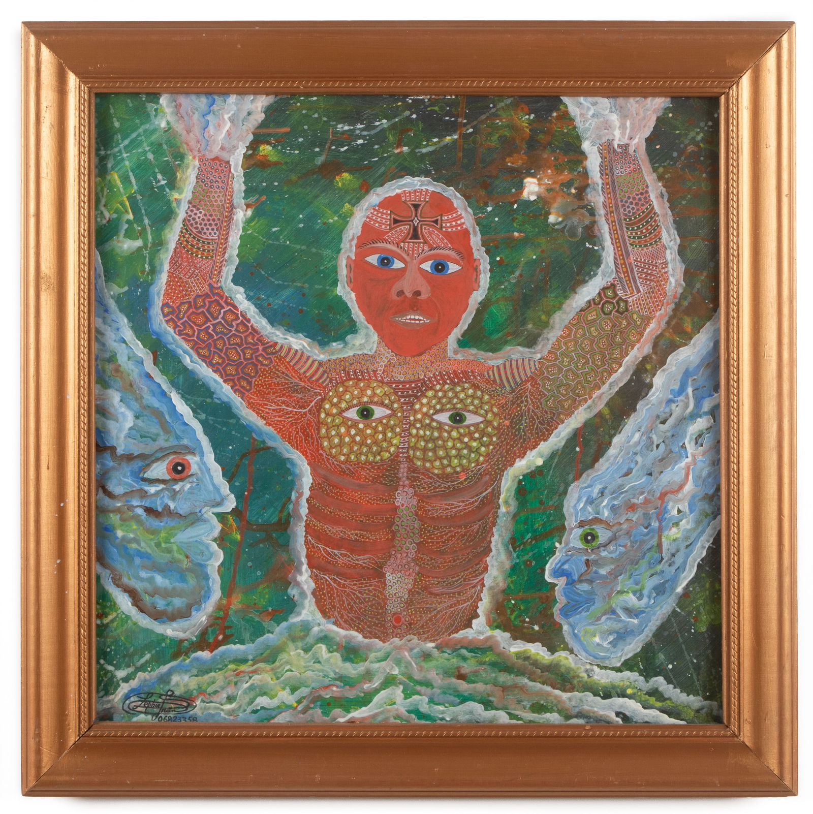 Frantz Zephirin (Haitian, b. 1968) "Chest of Eyes": Frantz Zephirin (Haitian, b. 1968) "Chest of Eyes", oil painting on board, signed. Framed. Size: 24'' x 24'', 61 x 61 cm (board); 27.75'' x 27.75'', 70 x 70 cm (frame). Provenance: The Yvonne and Glen