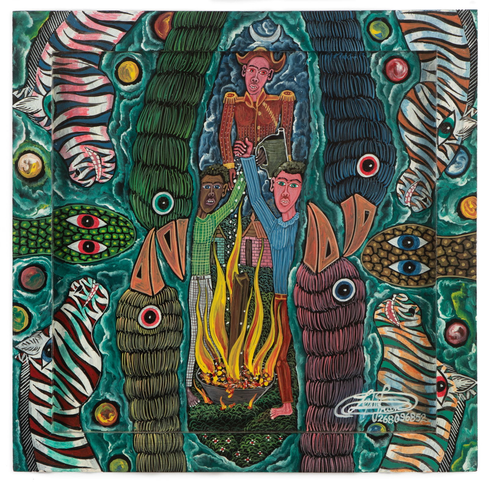 Frantz Zephirin (Haitian, b. 1968) "Adding To The Fire": Frantz Zephirin (Haitian, b. 1968) "Adding To The Fire", acrylic painting on masonite board, signed. Hand-painted frame size: 15'' x 15'' x 1'' (38 x 38 x 3 cm). Provenance: The Yvonne and Glenn Stoke