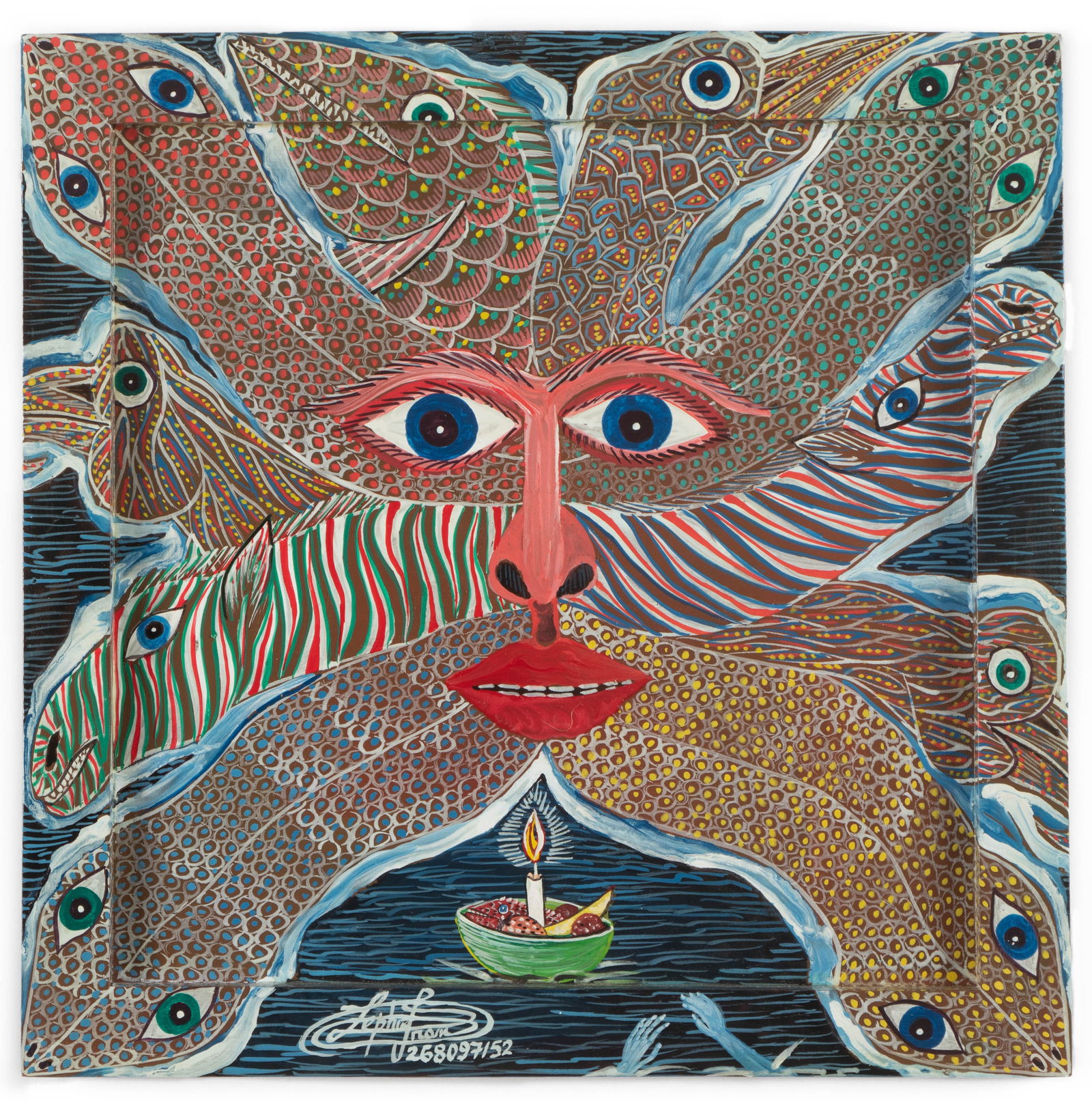 Frantz Zephirin (Haitian, b. 1968) "Eleven Sets of Eyes": Frantz Zephirin (Haitian, b. 1968) "Eleven Sets of Eyes", acrylic painting on masonite board, signed. Hand-painted frame size: 15'' x 15'' x 1'' (38 x 38 x 3 cm). Provenance: The Yvonne and Glenn Stok