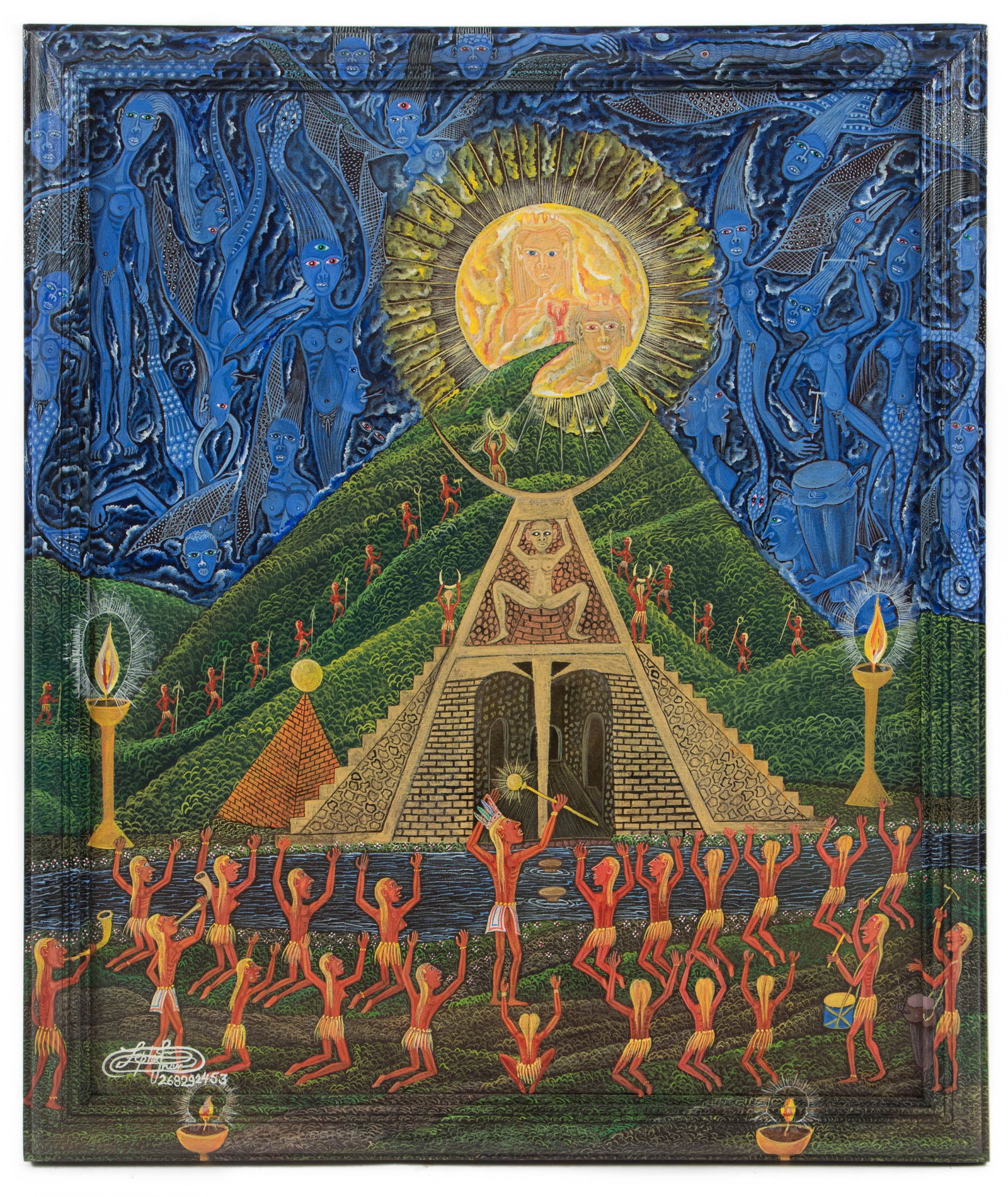 Frantz Zephirin (b. 1968) "Worshipping the Sun Gods": Frantz Zephirin (Haitian, b. 1968) "Worshipping the Sun Gods", acrylic painting on canvas, signed. Hand-painted frame size: 26.5'' x 22.5'' x 1.5'' (67 x 57 x 4 cm). Provenance: The Yvonne and Glenn S