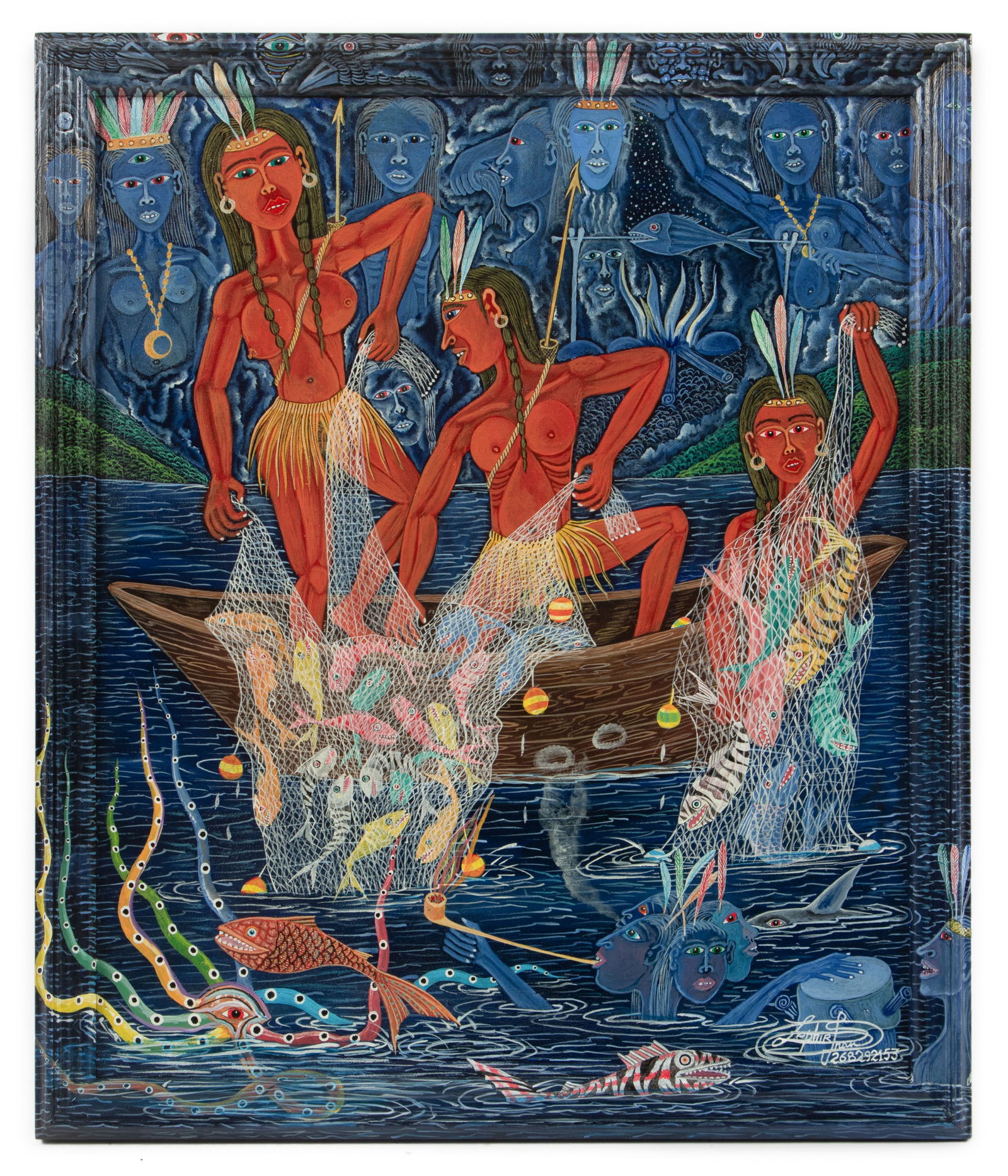 Frantz Zephirin (b. 1968) "Natives Fishing With Net": Frantz Zephirin (Haitian, b. 1968) "Natives Fishing With Net", acrylic painting on canvas, signed. Hand-painted frame size: 26.5'' x 22.5'' x 1.75'' (67 x 57 x 4 cm). Provenance: The Yvonne and Glenn