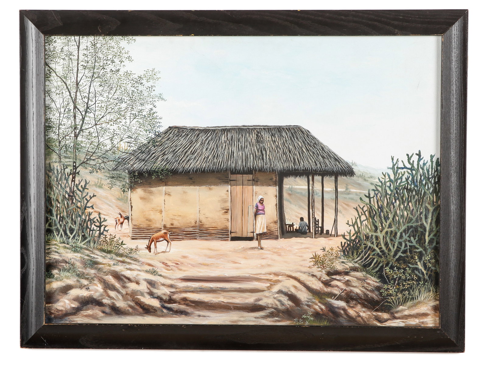 L. Louissaint (Haitian, 20th c.) "Village Scene": L. Louissaint (Haitian, 20th c.) Village Scene, 1996, painting on canvas, signed and dated. Framed. Size: 21.5'' x 29.5'', 55 x 75 cm (sight); 25.5'' x 33.5'', 65 x 85 cm (frame).