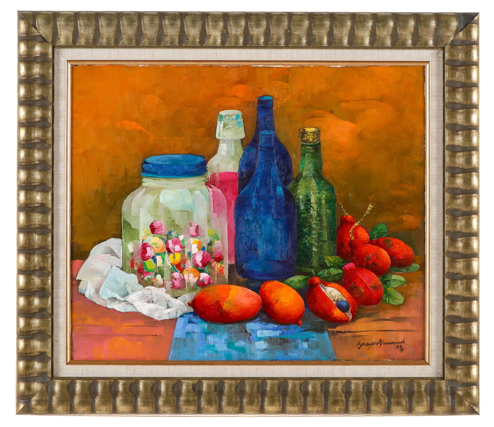 Gesner Armand (Haitian, 1936-2008) "Still Life": Gesner Armand (Haitian, 1936-2008) "Still Life", 1998, oil painting on canvas, signed. Framed. Size: 20.25'' x 24.25'', 51 x 62 cm (stretcher); 27'' x 31'', 69 x 79 cm (frame).