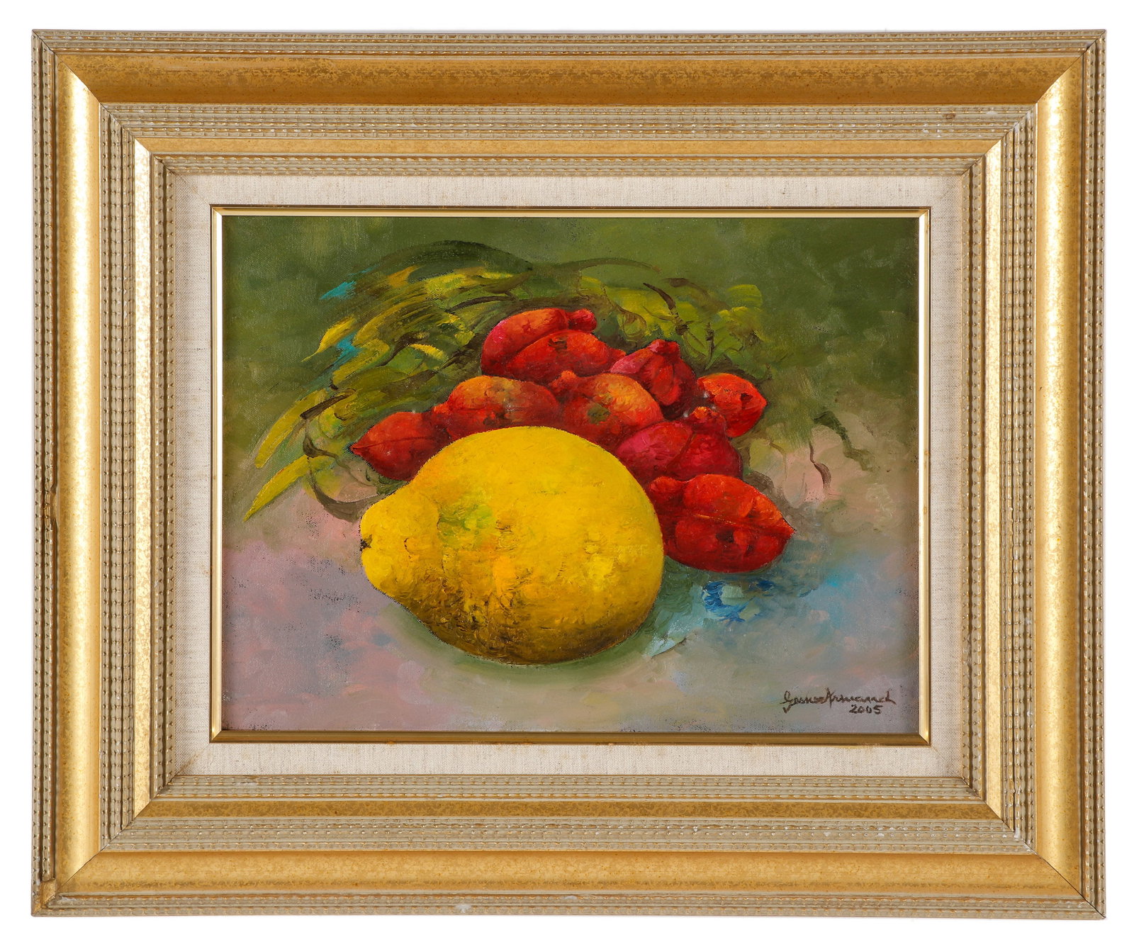Gesner Armand (Haitian, 1936-2008) "Tropical Fruits": Gesner Armand (Haitian, 1936-2008) "Tropical Fruits", 2005, oil painting on canvas, signed and dated. Framed. Size: 12'' x 16'', 30 x 41 cm (stretcher); 20'' x 24'', 51 x 61 cm (frame).
