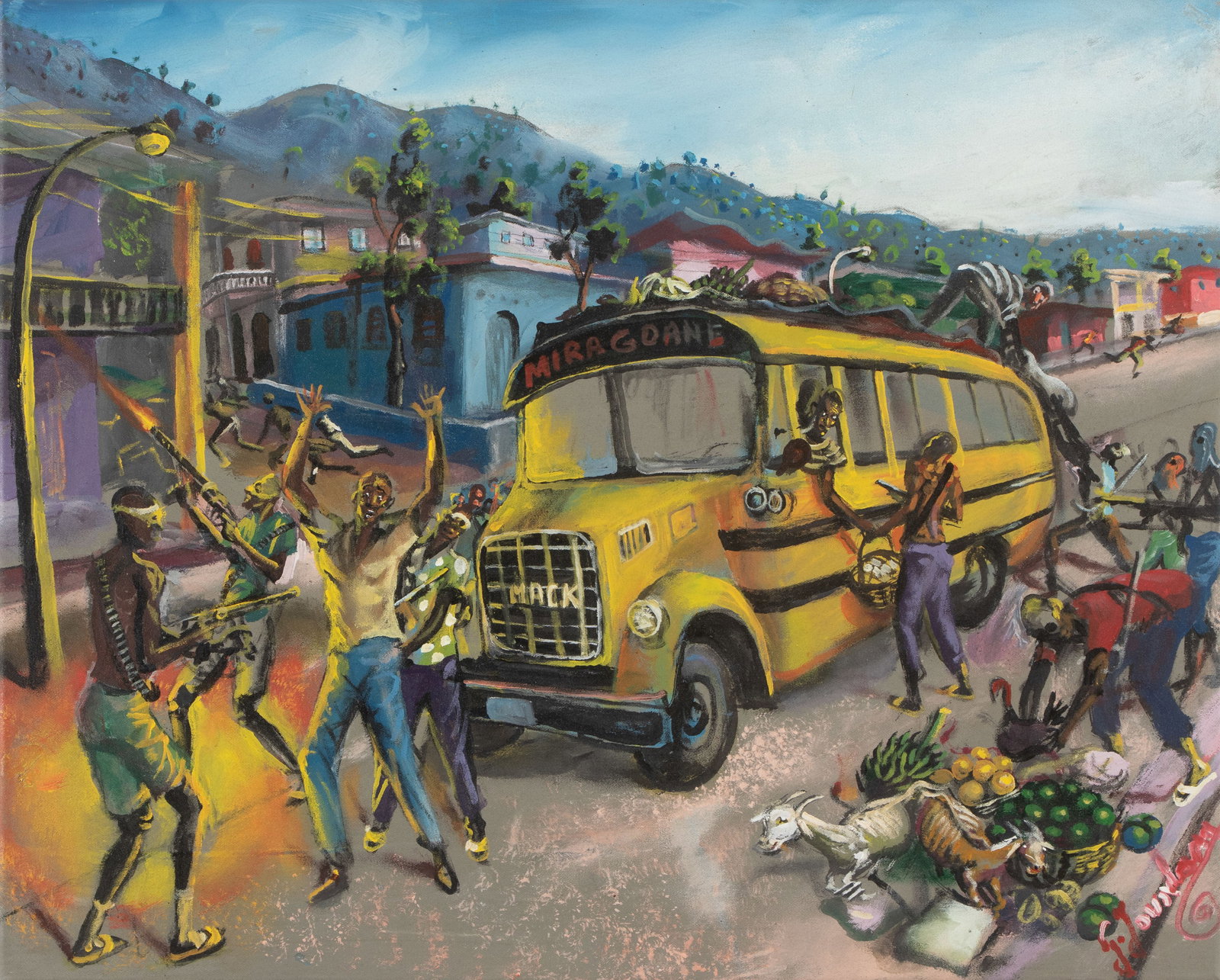 Guy Jourdan (Haitian, b. 1955) "Hijacking the Bus": Guy Jourdan (Haitian, b. 1955) "Hijacking the Bus", oil painting on canvas, signed. Unframed. Size: 23.5'' x 29.25'', 60 x 74 cm (stretcher). Provenance: The Yvonne and Glenn Stokes Collection.