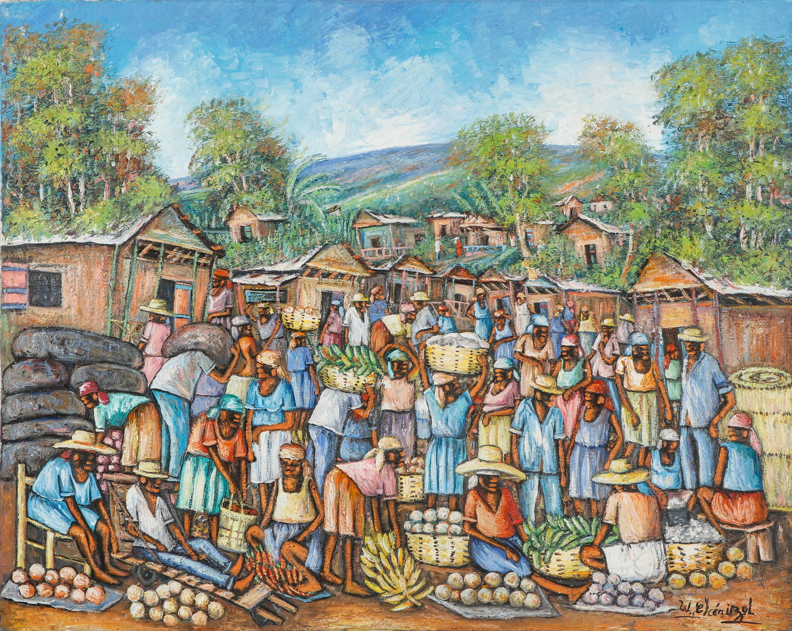 Wilner Cherizol (Haitian, b. 1959) "Market Scene": Wilner Cherizol (Haitian, b. 1959) "Market Scene", painting on canvas, signed. Unframed. Size: 24'' x 30'', 61 x 76 cm (stretcher).