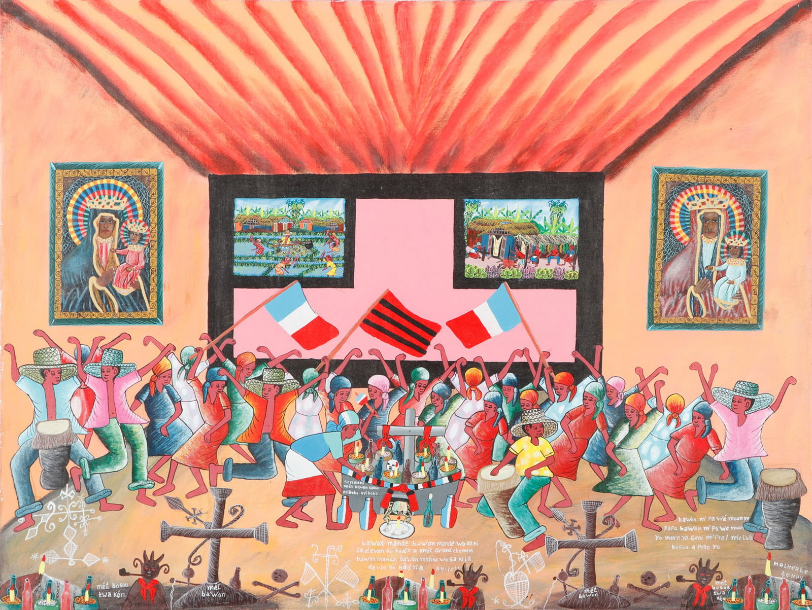 Malherbe Tenay (Haitian, 20th c.) "Ceremony": Malherbe Tenay (Haitian, 20th c.) "Ceremony", painting on canvas, signed. Unframed. Size: 24'' x 32'', 61 x 81 cm (stretcher).