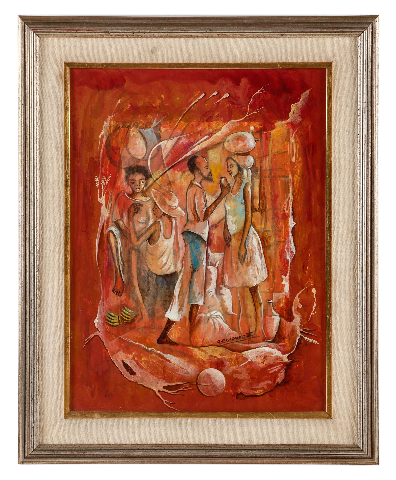 Jean-Pierre Auguste (Haitian, b. 1963) "Conversation": Jean-Pierre Auguste (Haitian, b. 1963) "Conversation", acrylic painting on masonite board. Framed. Size: 16'' x 12'', 41 x 30 cm (board); 20.5'' x 16.25'', 52 x 41 cm (frame).