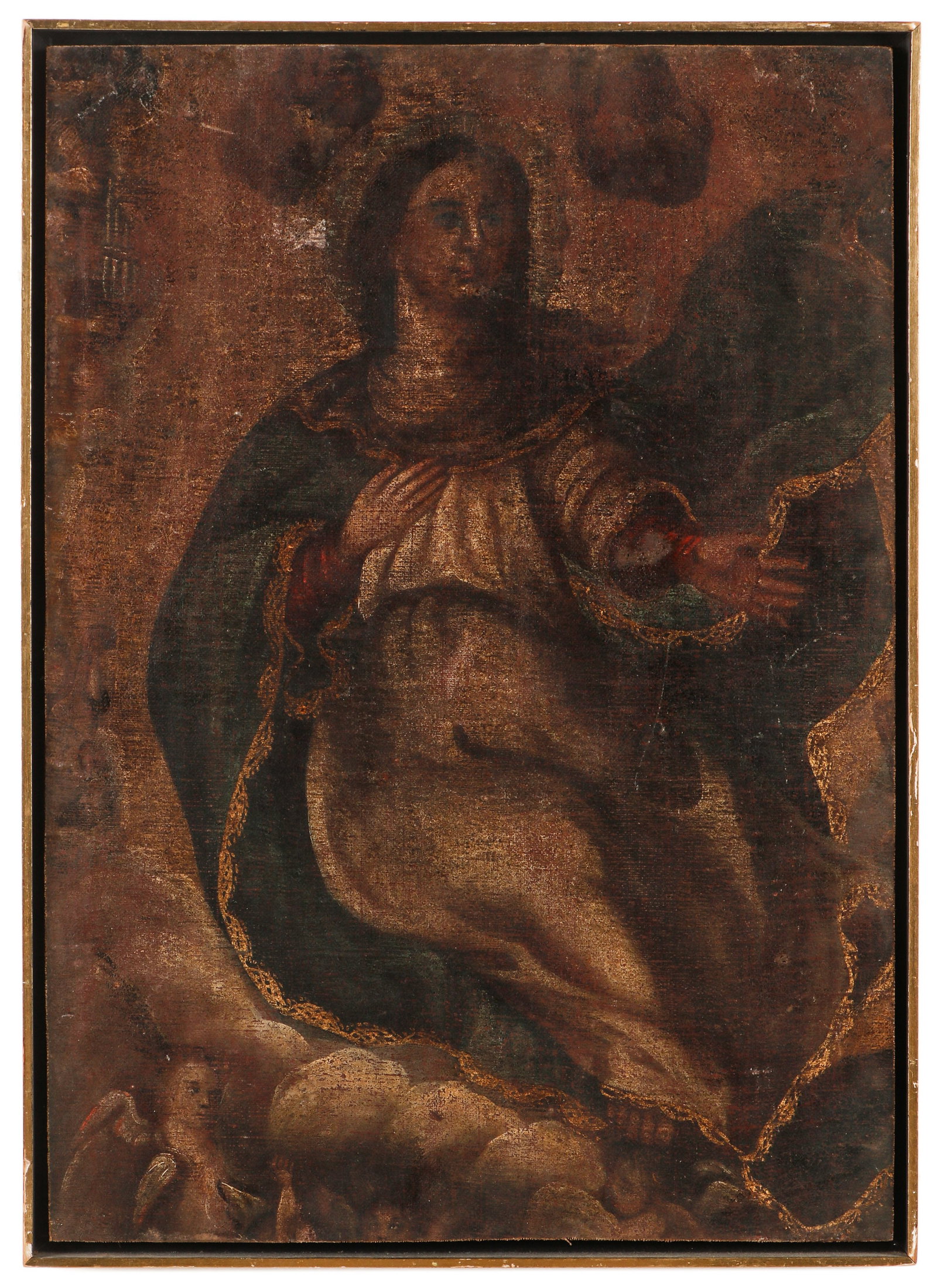Antique Spanish (19th c.) Colonial Painting: Antique Spanish (19th c.) Colonial Painting: "The Assumption of the Virgin," oil on canvas, mounted on board. Framed. Size: 23.75'' x 16.5'', 60 x 42 cm (board); 24.75'' x 17.75'', 63 x 45 cm (frame).