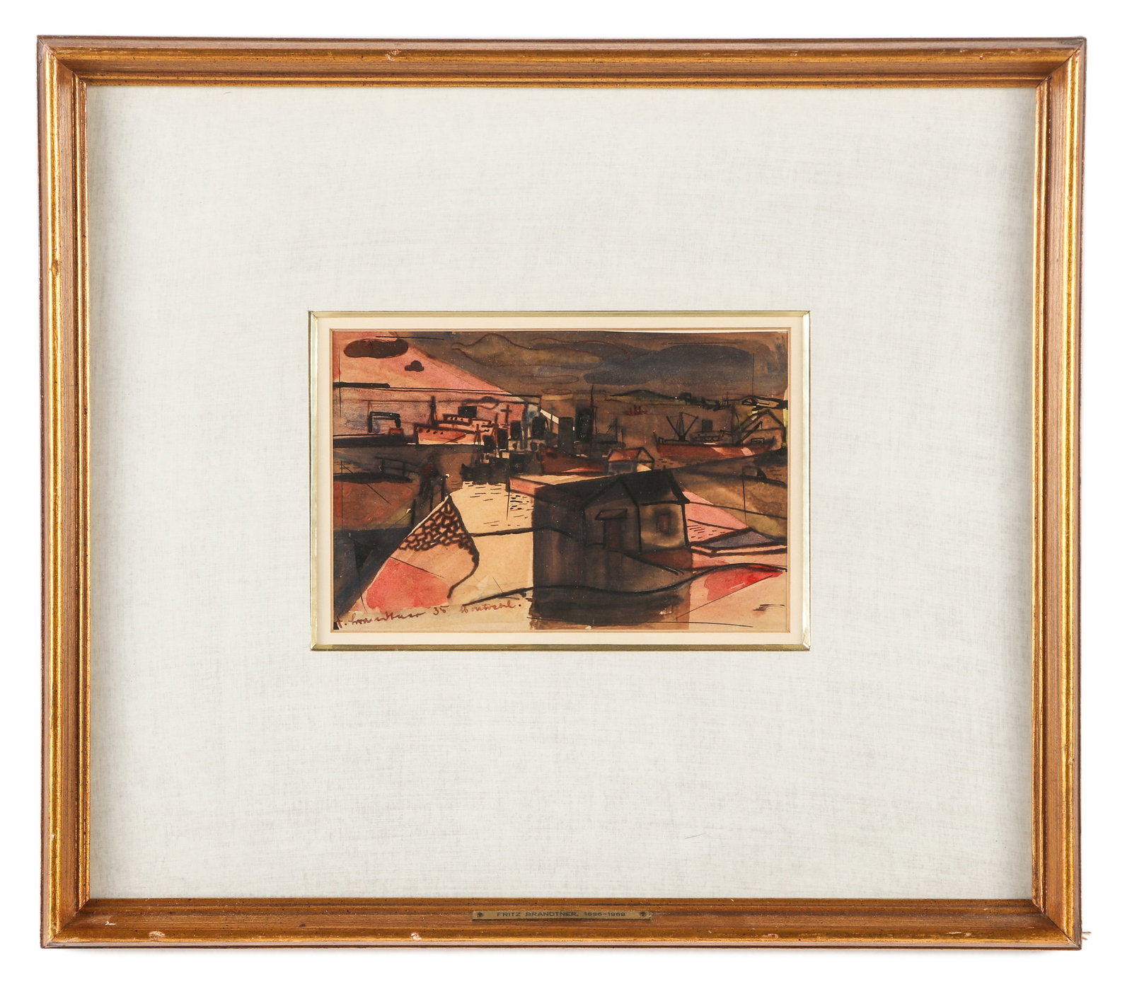 Fritz Brandtner (Canadian, 1896-1969) "Montreal": Fritz Brandtner (Canadian, 1896-1969) "Montreal", 1935, watercolor and ink on paper, signed, Framed. Size: 5'' x 7.5'', 13 x 19 cm (sight); 15.5'' x 17.5'', 39 x 44 cm (frame).