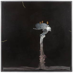 David Lynch (B. 1946) "3 Leaves, Tree, Pink Worms": David Lynch (American, B. 1946) Untitled. Early Painting, Mixed media, Acrylic with leaf collage, unsigned. Size: 60'' x 60'', 152 x 152 cm (stretcher); 60.5'' x 60.5'', 154 x 154 cm (frame). Provenan