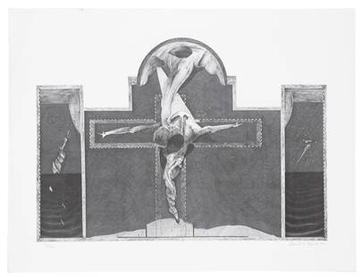 David Lynch (American, b. 1946) "Cross & Skulls": David Lynch (American, b. 1946) "Cross & Skulls" 1973, offset lithograph, signed and numbered. Unframed. Size: 19'' x 25'', 48 x 64 cm (sheet). Ex. Collection of Rodger Lapelle, Philadelphia, PA.