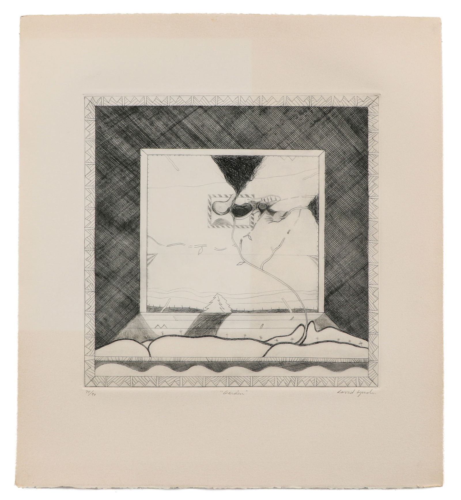 David Lynch (American, b. 1946) "Garden": David Lynch (American, b. 1946) "Garden", 1969, etching, numbered, titled and signed, from an edition of 90. Unframed. Size: 13.75'' x 13.75'', 35 x 35 cm (plate); 22.25'' x 20'', 57 x 51 cm (sheet).