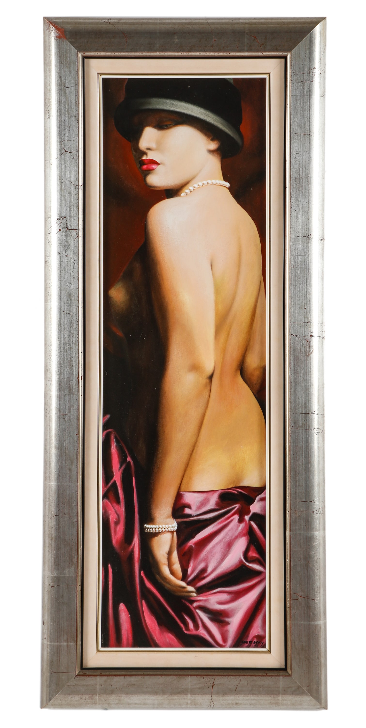 Alexander Sheversky (b. 1961) "Nude with Pink Silk Wrap": Alexander Sheversky (Moldavian, b. 1961) "Nude with Pink Silk Wrap", oil painting on canvas, signed. Framed. Size: 39.25'' x 11.25'', 100 x 29 cm (sight); 47.5'' x 19.75'', 121 x 50 cm (frame). Proven