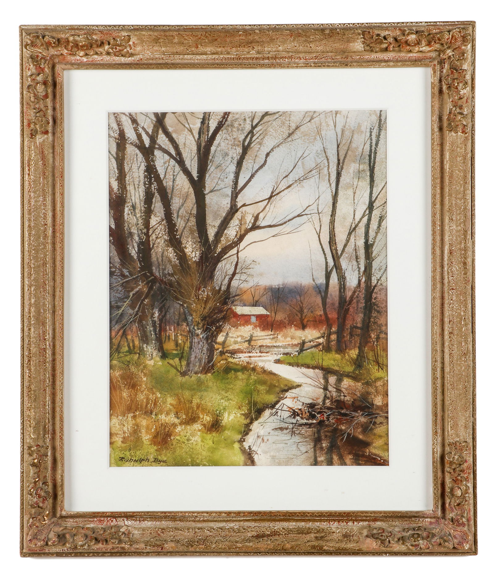 Ranulph Bye (1916-2003) Watercolor Painting: Ranulph Bye (American, 1916-2003) Untitled (Bucks County, PA Landscape with Creek and Red Barn), watercolor painting on paper, signed. Framed. Size: 19.25'' x 15.25'', 49 x 39 cm (sight); 24.5'' x 28.
