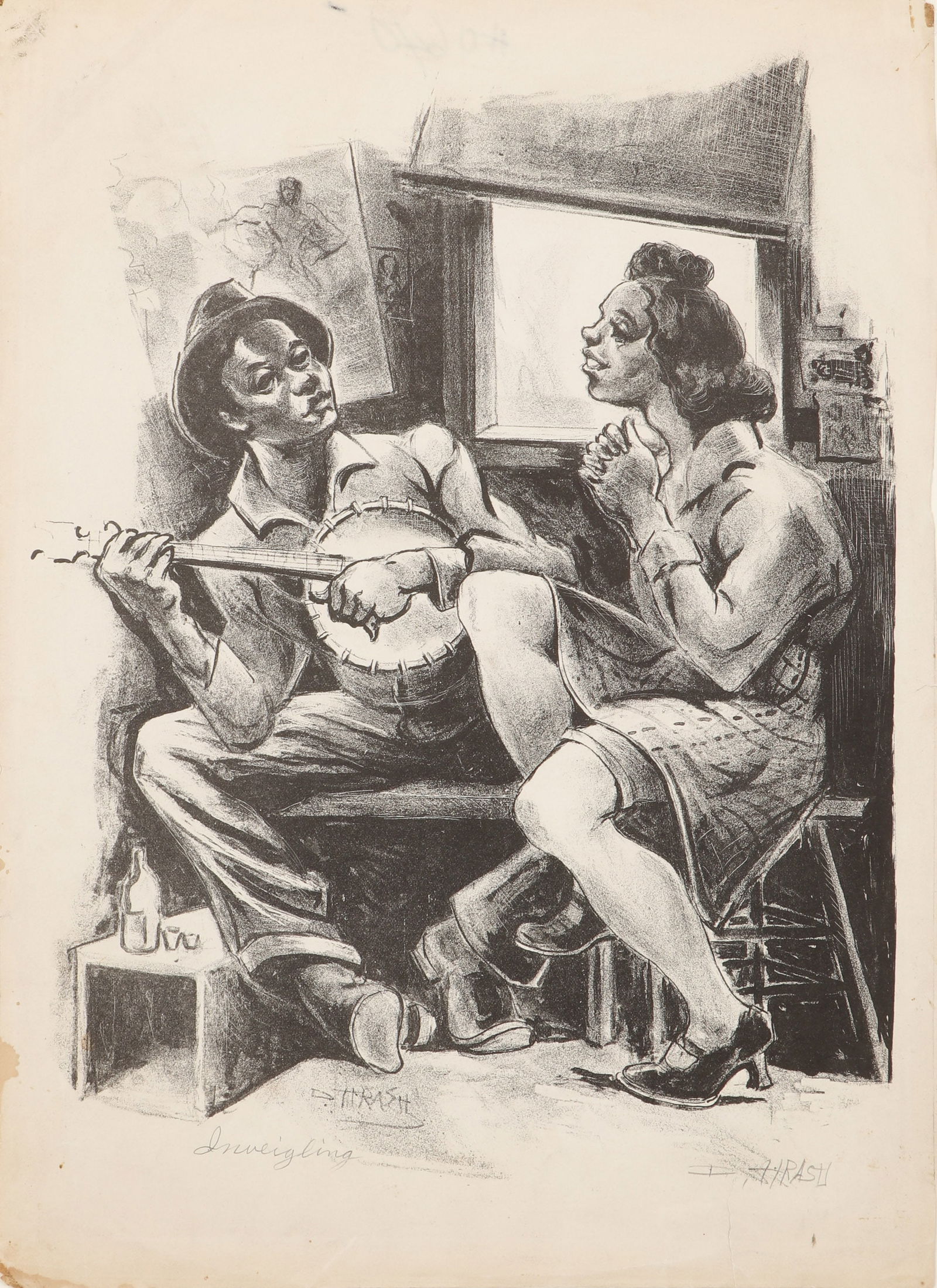 Dox Thrash (1893-1965) "Inveigling": Dox Thrash (American, 1893-1965) "Inveigling," lithograph, signed in plate and pencil signed and titled. Unframed. Size: 19.25'' x 13.75'', 49 x 35 cm (sheet); 24'' x 18'', 61 x 46 cm (mat). Provenanc