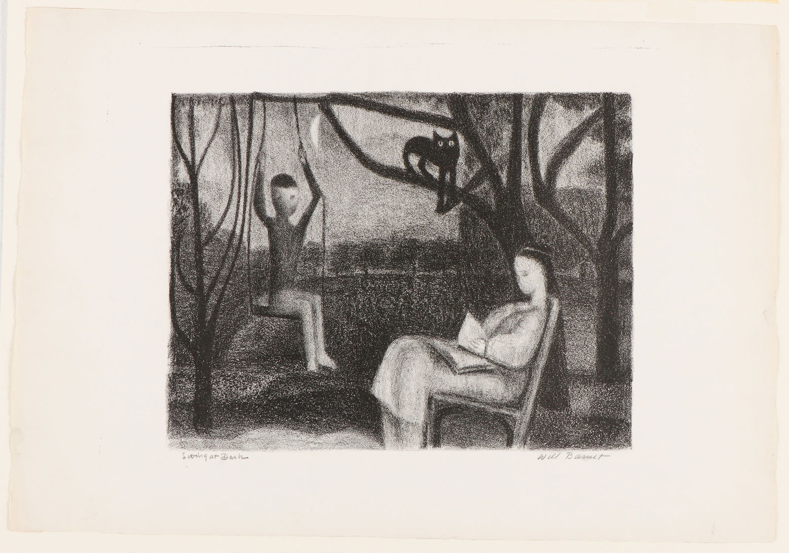 Will Barnet (American, 1911-2012) "Swing at Dusk": Will Barnet (American, 1911-2012) "Swing at Dusk", lithograph, from an edition of 25, signed. Unframed. Size: 15.75'' x 23'', 40 x 58 cm (sheet); 20'' x 24'', 51 x 61 cm (mat).