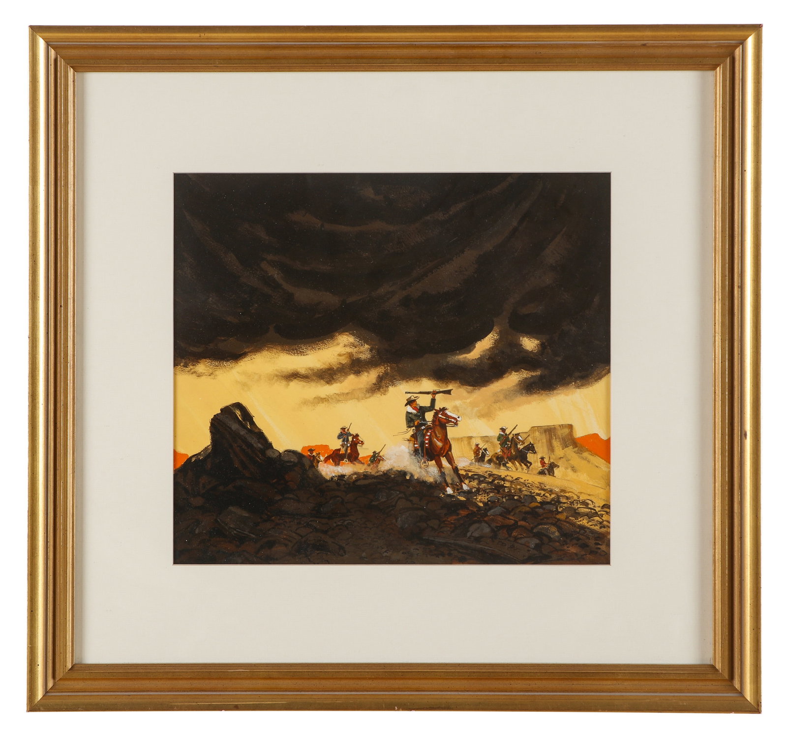 Unknown Artist (American, 20th c.) "The Lonesome Mountains": Unknown (American, 20th c.) "The Lonesome Mountains", gouache illustration on board. Framed. Size: 12.75'' x 14.5'', 32 x 37 cm (sight); 22.5'' x 24'', 57 x 61 cm (frame).