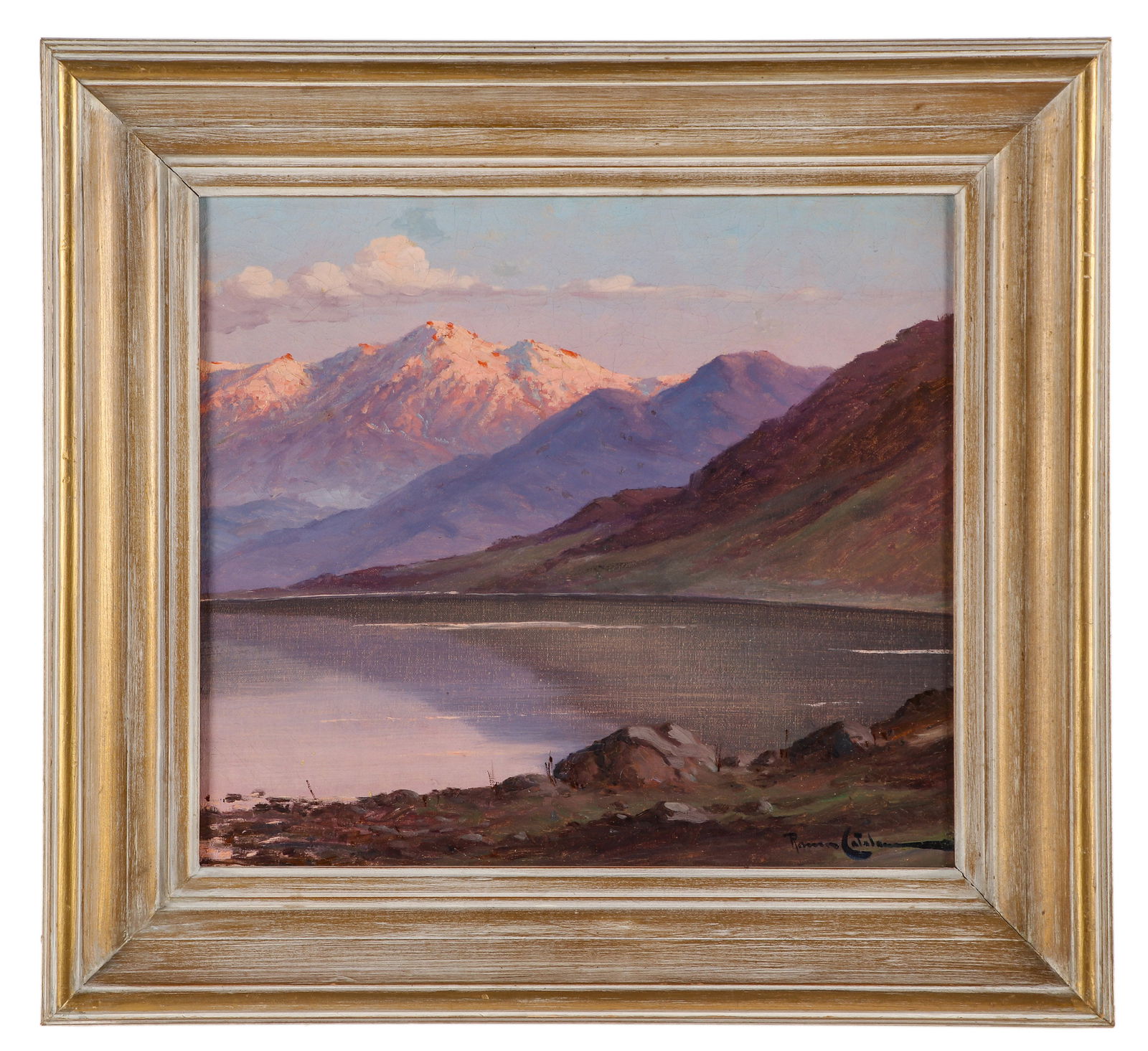Ramos Catalan (Chile, 1888-1961) "Laguna Liama": Ramos Catalan (Chile, 1888-1961) "Laguna Liama", oil painting on canvas, signed. Framed. Size: 16'' x 17.75'', 41 x 45 cm (stretcher); 22.25'' x 24'', 57 x 61 cm (frame).
