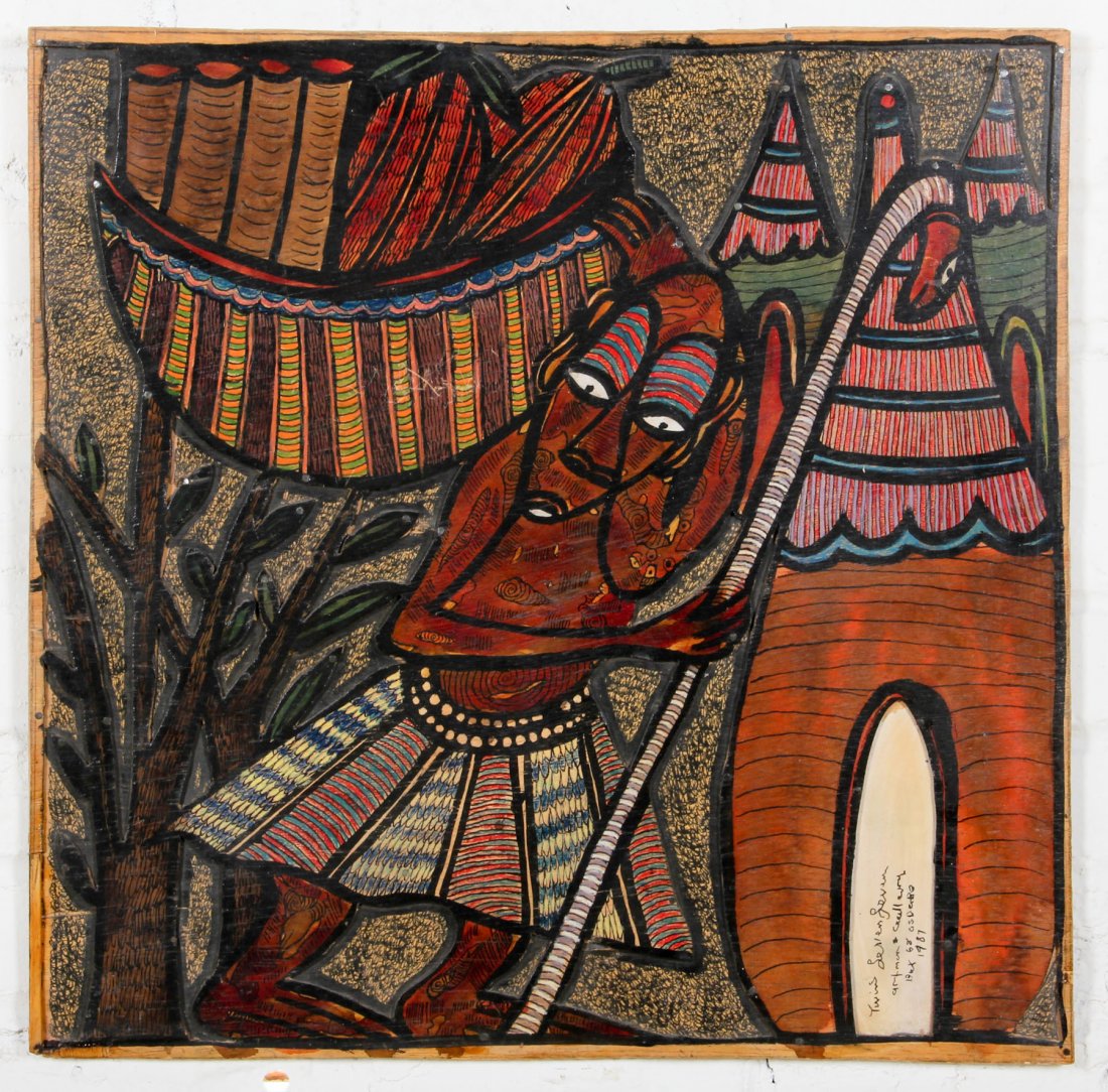 Prince Twins Seven Seven (Nigerian, 1944-2011): Prince Twins Seven Seven (Nigerian, 1944-2011), ink, watercolor, and oil on wood, two layers of wood, signed: "Twins Seven Seven Art Man Gallery Box 68 Osogbo" and dated "1987". Size: 22-3/4 x 23-1/4 
