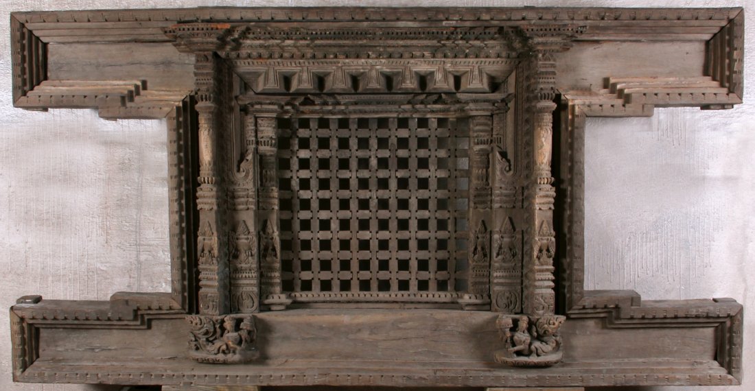 Kathmandu Valley Carved Wood Window: Kathmandu Valley Carved Wood Window, Nepal, pre 1800, figural carving. 56 x 96 x 5 inches.