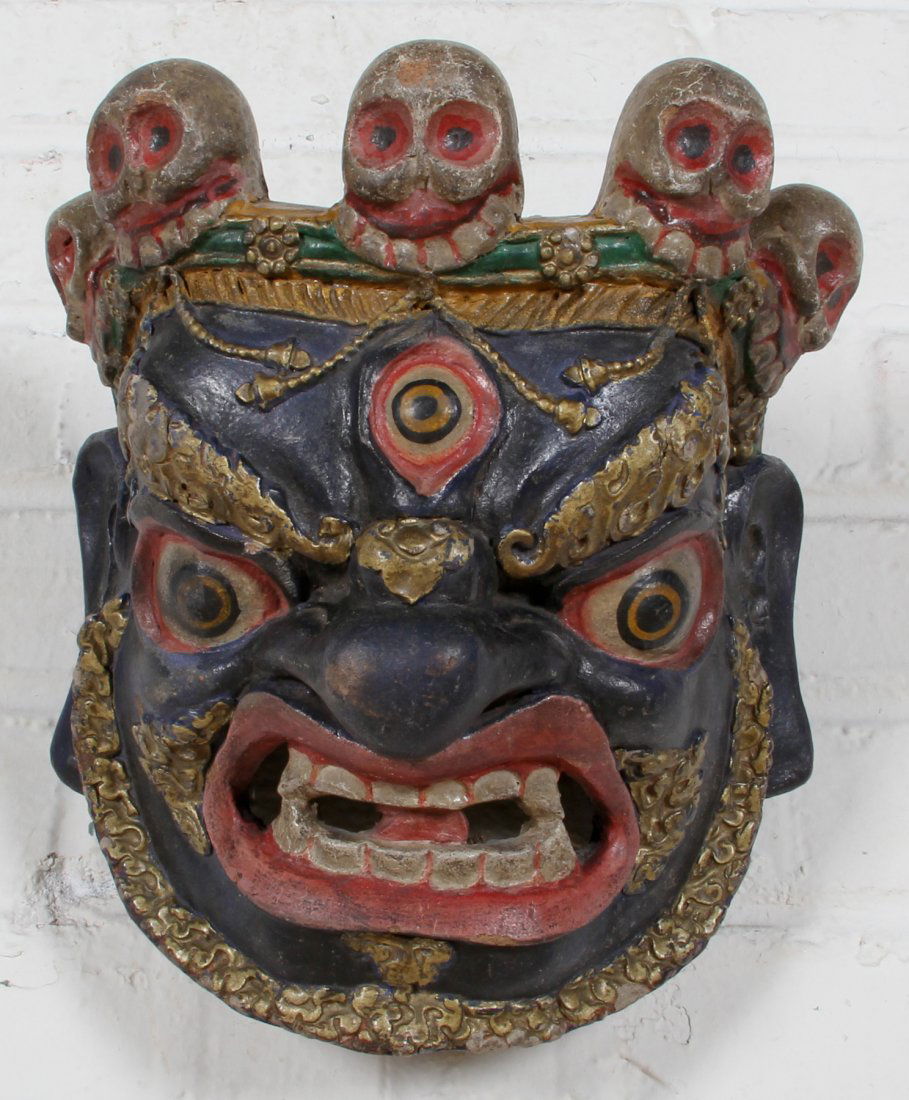 Blue Buddhist Dharmapala Dance Mask: Blue Buddhist Dharmapala Dance Mask - Pigment on mulberry or laurel paper mache, later reinforcement w/ fabic. Tibet or Bhutan, 19th c. See: 'Asian Art' - the Second Hali Annual, Murray pp. 54-70. Pro