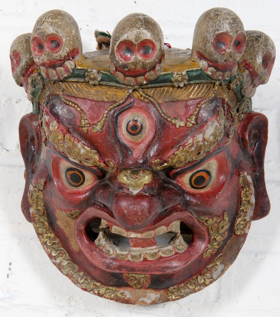 Red Buddhist Dharmapala Dance Mask: Red Buddhist Dharmapala Dance Mask - Pigment on mulberry or laurel paper mache. Tibet or Bhutan, 19th See: 'Asian Art' - the Second Hali Annual, Murray pp. 54-70. Provenance: Bill Liske. Size: 12 x 11