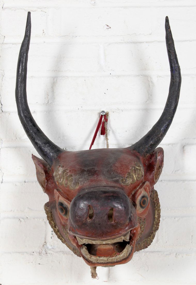 Red Bull Headed Buddhist Dance Mask of Yamantaka: Extremely vibrant red bull headed Buddhist dance mask of Yamantaka - Pigment on mulberry or laurel paper mache. Tibet or Bhutan, 19th c. See: 'Asian Art' - the Second Hali Annual, Murray p. 70. Proven