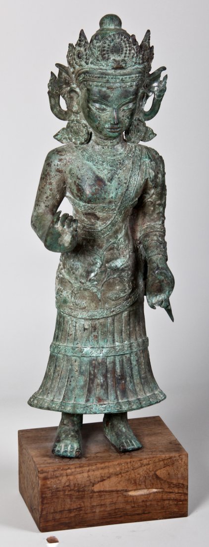Southeast Asian Bronze Buddha: Southeast Asian Bronze Buddha, 19th c or earlier. Private Chicago collection. Size: 25-1/2 x 8-1/2 x 6-1/2 inches (bronze); 29-1/2 x 9 x 6-1/2 inches (with base).